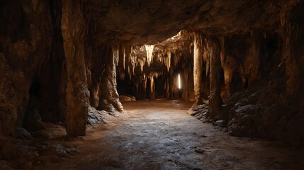 Obraz premium A natural cave interior with numerous stalactites and a pathway leading into the dimly lit depths