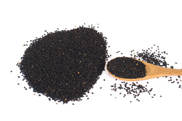 Black sesame seeds with a wooden spoon on white background, showing natural texture and organic food concept. Ideal for illustrating healthy eating, nutrition, and culinary ingredient themes.