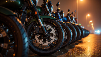 Motorcycles lined up row, showcasing their wheels and chrome details, create striking scene night with streetlights reflecting wet pavement