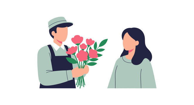 A man wearing an apron and cap gives a beautiful bouquet of pink flowers to a woman. - Powered by Adobe