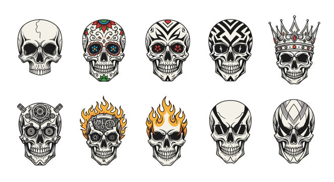 Collection of ten stylized skulls with varying designs and embellishments on a white background format