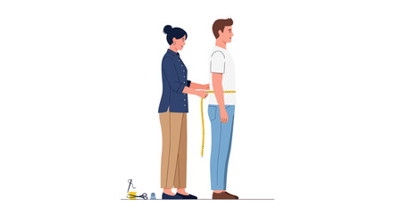 Woman measuring man's waist with tape measure for tailoring or health assessment, standing in a studio.