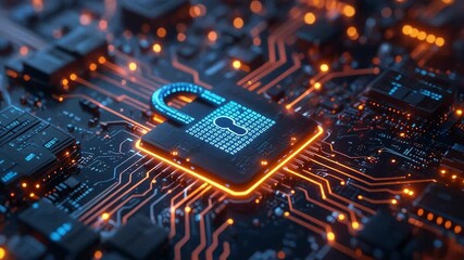 Digital security circuit board with illuminated lock symbol closeup - Powered by Adobe
