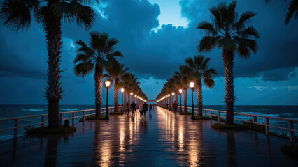 Obraz premium Serene evening scene featuring wooden pier lined with palm trees, illuminated by warm lights, dramatic sky. ocean waves gently lap against shore