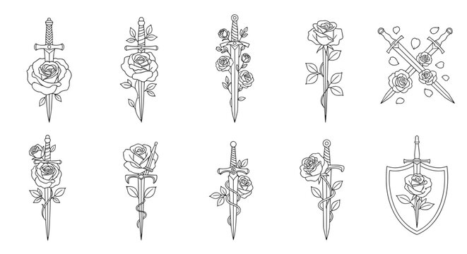 Collection of line art illustrations featuring swords intertwined with roses in various arrangements