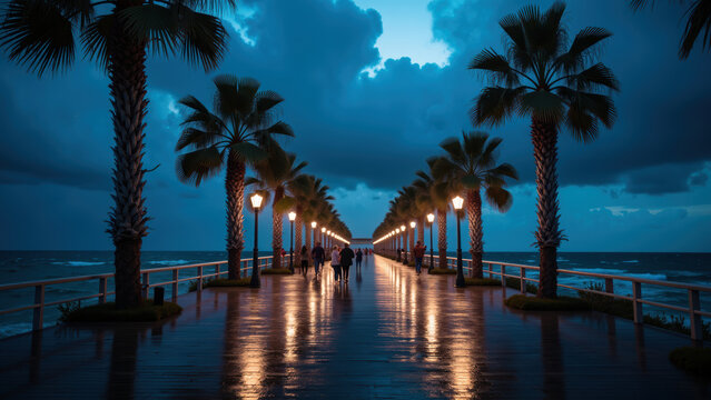 Serene evening scene featuring wooden pier lined with palm trees, illuminated by warm lights, dramatic sky. ocean waves gently lap against shore