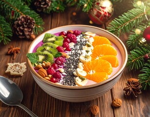 Colorful fruit smoothie bowl with various toppings, festive holiday setting