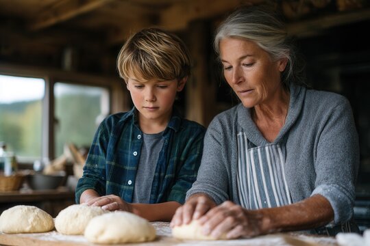 A grandmother and her grandson are engaged in baking bread in a cozy kitchen. The atmosphere is warm and inviting, showcasing family bonding.
