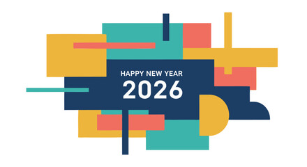 Happy new year 2026 greeting card with colorful abstract geometric shapes and modern design on a white background