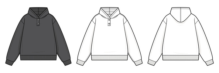 Unisex Button-Neck Pullover Hoodie Technical Fashion Illustration. Relaxed-Fit Hooded Sweatshirt Vector Template. Front and Back View. Ribbed Hem and Cuffs. Casual Streetwear. CAD Mockup Set. © aivenstudio