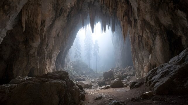 View from inside a cave opening onto a misty forest with pine trees and hanging stalactites