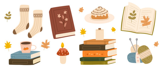 Cozy autumn hand drawn reading collection. Set of books and autumn vibe elements. Cup of tea, coffee, candles, knitting, socks, cinnamon roll. Flat vector illustration.