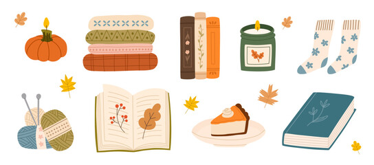 Cozy autumn hand drawn reading collection. Set of books and autumn vibe elements. Cup of tea, coffee, candles, knitting, socks, pumpkin pie. Flat vector illustration.