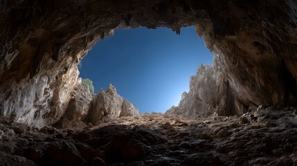 A dramatic view from inside a dark rugged cave looking upwards towards a bright clear blue sky and the sun s rays