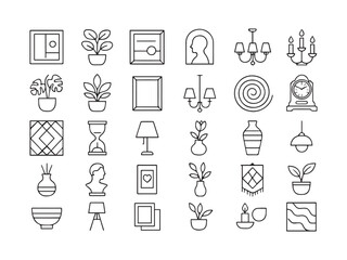 Home Decoration and Interior Accessories Line Icons Set. Collection of Thin Outline Symbols for Furniture Styling, Lighting, Plants, and Ornaments.