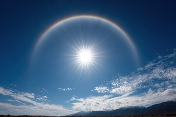 Obraz premium A stunning view of the sun surrounded by a rainbow halo in a clear blue sky over mountains. Ideal for nature and weather themes.