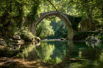 Timeless Stone Bridge in aVerdant Landscape: Emblem f Connection and StabilityAmidst Nature's Serenity