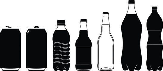 Beverage packaging silhouette vector illustration set, soda can plastic glass bottle icons, drink container artwork, modern minimal style, stock art collection