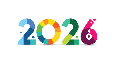 Colorful and modern graphic design of the year 2026 with abstract shapes and vibrant colors on a white background