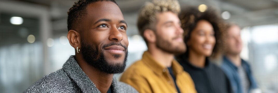 A group of diverse friends smiling and enjoying each other's company in a modern indoor environment. The mood is positive and uplifting.