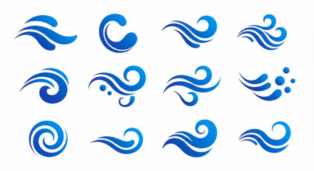 Stylized Blue Wave Icon Set in Grid Layout