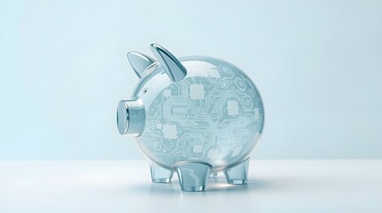 A transparent piggy bank filled with a circuit board pattern, symbolizing digital finance, cybersecurity, and the convergence of technology and traditional banking isolated on white background