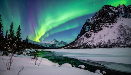 Stunning landscape capturing dancing lights, a frozen lake, snowy mountains, and evergreen trees in the night sky
