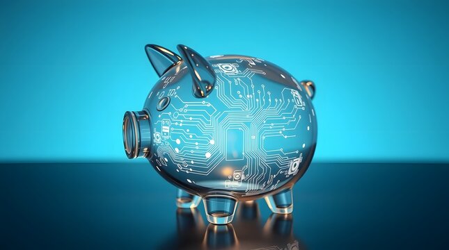 A transparent piggy bank with circuit board patterns inside, symbolizing digital finance, cryptocurrency savings, and the fusion of technology with traditional banking