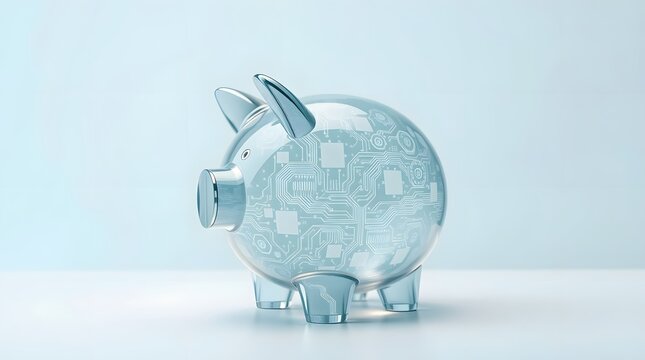 A transparent piggy bank filled with a circuit board pattern, symbolizing digital finance, cybersecurity, and the convergence of technology and traditional banking isolated on white background