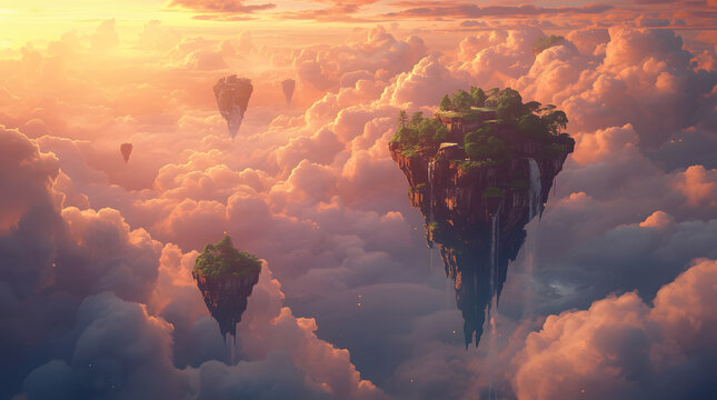 Surreal floating islands in sky with waterfalls and lush vegetation