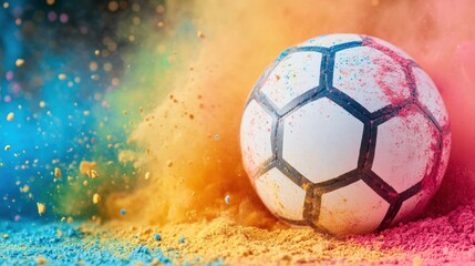 Colorful soccer ball kicking up dust in a vibrant celebration of sport