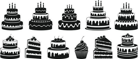 Cake and pastry silhouette vector set, tiered cakes slices cupcakes icons, dessert bakery illustration, celebration sweets design, modern minimal style, stock art collection