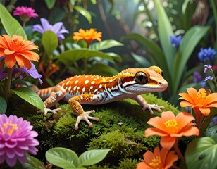 Colorful gecko in lush garden with vibrant flowers and green foliage