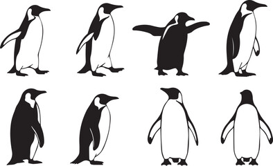 Collection of eight black and white illustrations of penguins in various poses and styles