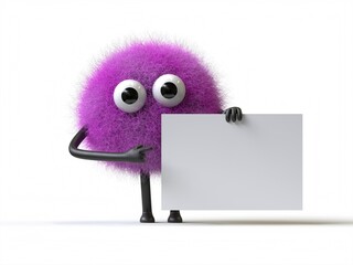 Fluffy, cute monster holds a blank sign, symbolizes information and advertising display. 3D rendering, conceptual image. Isolated on white background.