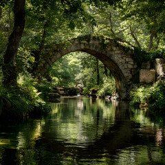 Timeless Stone Bridge in aVerdant Landscape: Emblem f Connection and StabilityAmidst Nature's Serenity