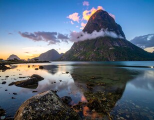Stunning landscape showcasing a towering mountain with a cloud-crowned peak, reflected in the tranquil waters of a lake at sunrise. Foreground shows rocky shoreline