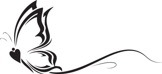 Elegant black ink brush stroke butterfly silhouette with flowing tail and heart detail on white background