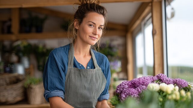 A cheerful florist stands behind a flower arrangement in a bright, inviting shop. The atmosphere is warm and welcoming, perfect for flower lovers.