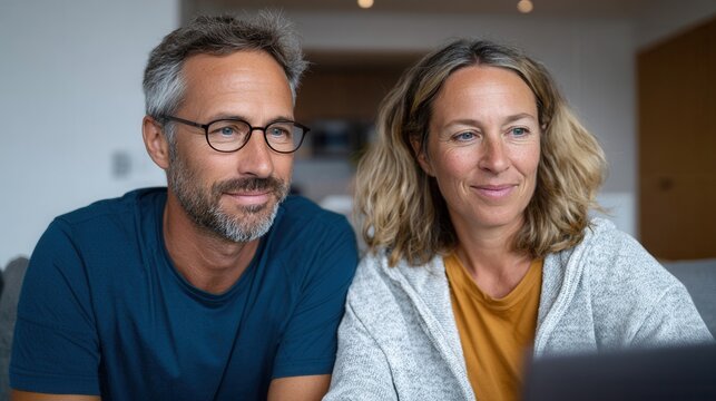 A man and woman collaborating on a laptop in a cozy home office setting, showcasing teamwork and focus.