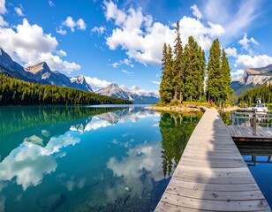 Stunning landscape showcases a pristine lake reflecting fluffy clouds & distant mountains. A small island with trees is linked by a wooden walkway