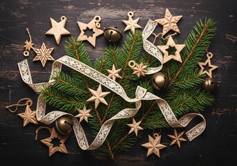 Festive christmas fir branch adorned with rustic star ornaments, jingle bells, and a decorative ribbon on a dark wooden background