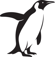 Isolated black and white illustration of a single emperor penguin standing with its wings outstretched against a white background