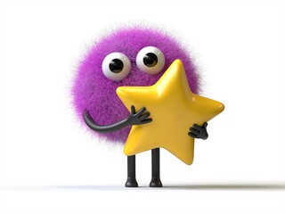 Fluffy, cute monster holding a star, symbolizing achievement or rating. 3D rendering, conceptual image. Isolated on white background.