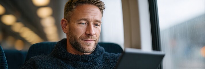 A man is focused on reading an e-book on a train while it rains outside. The setting is cozy and reflective, ideal for travel or leisure themes.