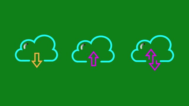 Downloading, uploading and two-way data transfer outline of a cloud symbol animation with Deep Green background.