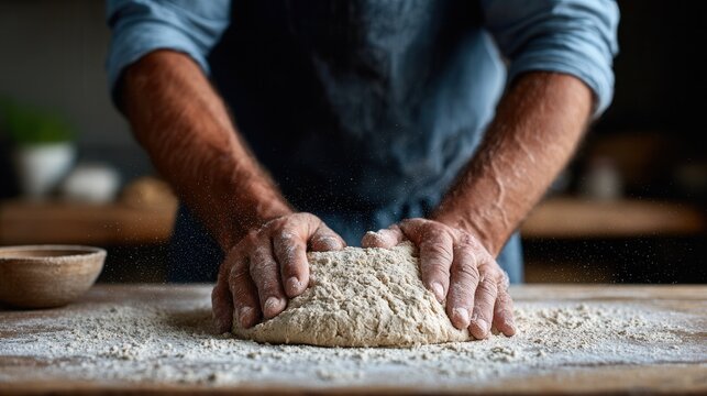 A person kneads dough on a wooden countertop, surrounded by flour. The scene captures the essence of baking and culinary preparation in a cozy kitchen setting.