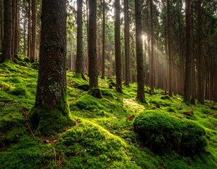 Obraz premium Sunlight streams through a dense forest, illuminating moss-covered ground and tall, slender trees. The scene exudes tranquility