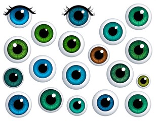 Colorful assortment of stylized cartoon eyeballs of various sizes and hues against a white background
