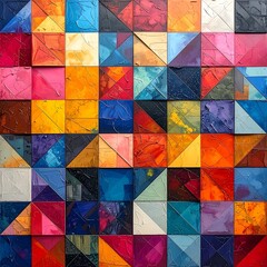 Colorful, geometric abstract artwork with squares and triangles, textured surfaces, vibrant hues
